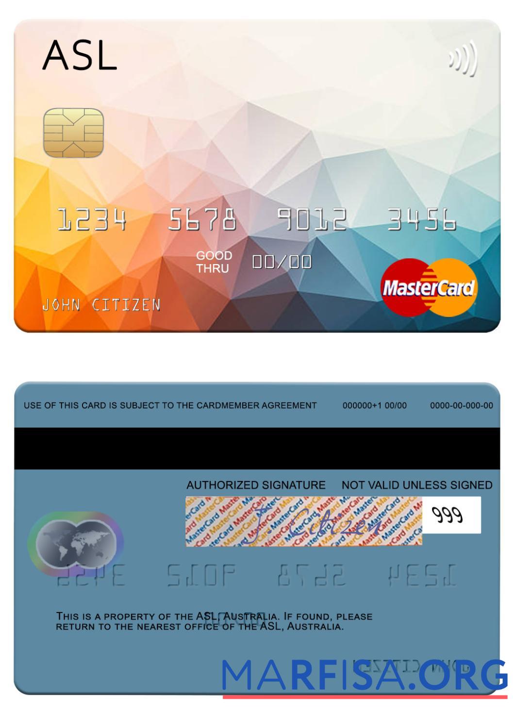 Blank Australia Australian Settlements Limited (ASL) mastercard example
